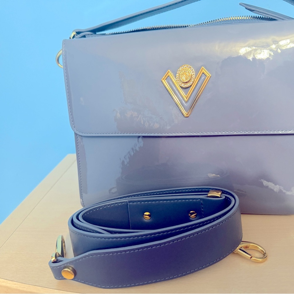 Valentino Orlandi Glossy Blue Crossbody with Gold Details